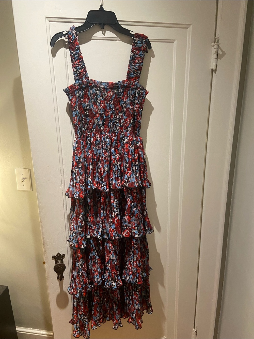 Ganni Black Dress with Red and Blue Floral Trim